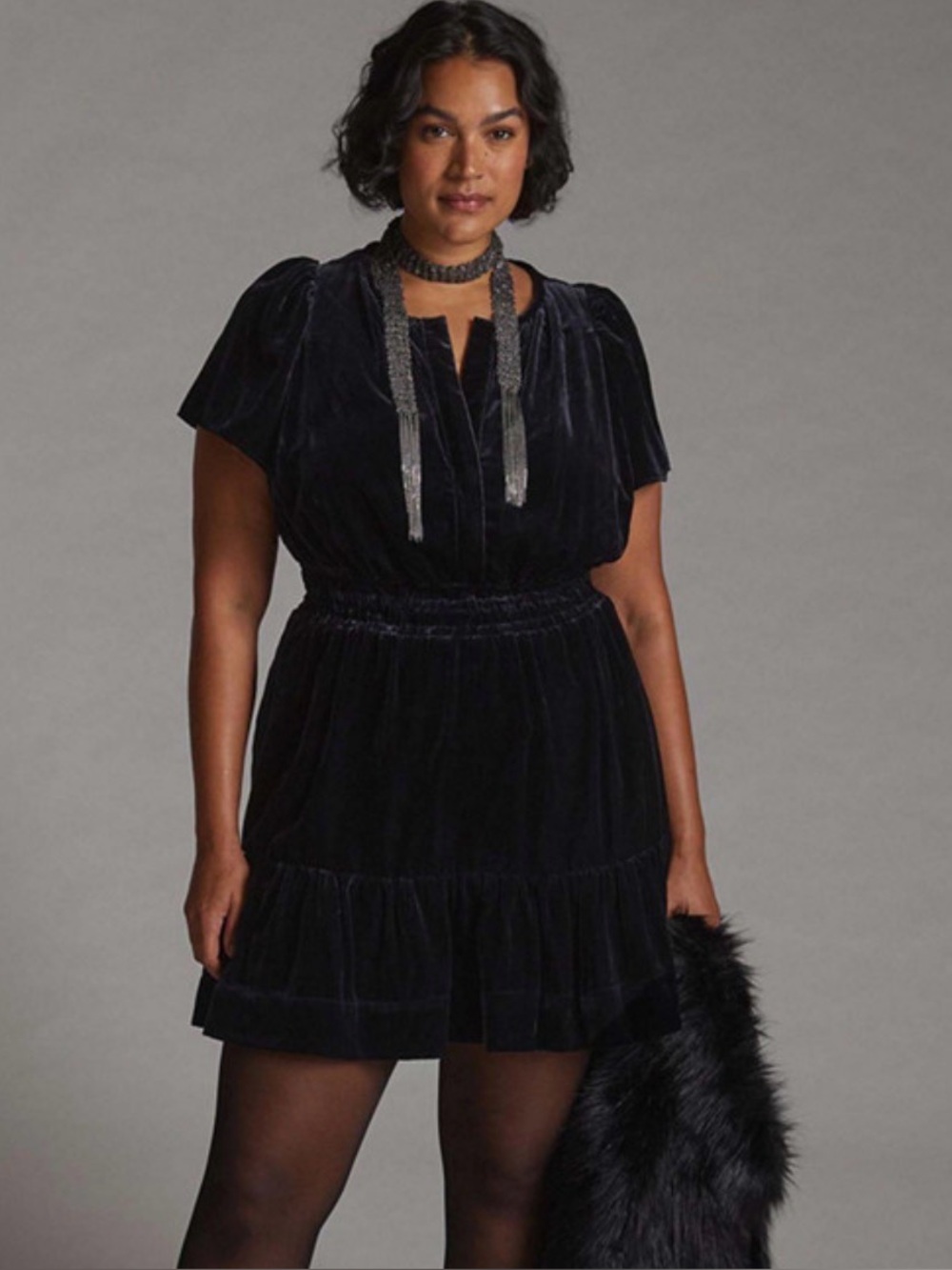Anthropologie 1X Somerset Black Velvet Short Sleeve Plus Mini Dress Whimsigoth